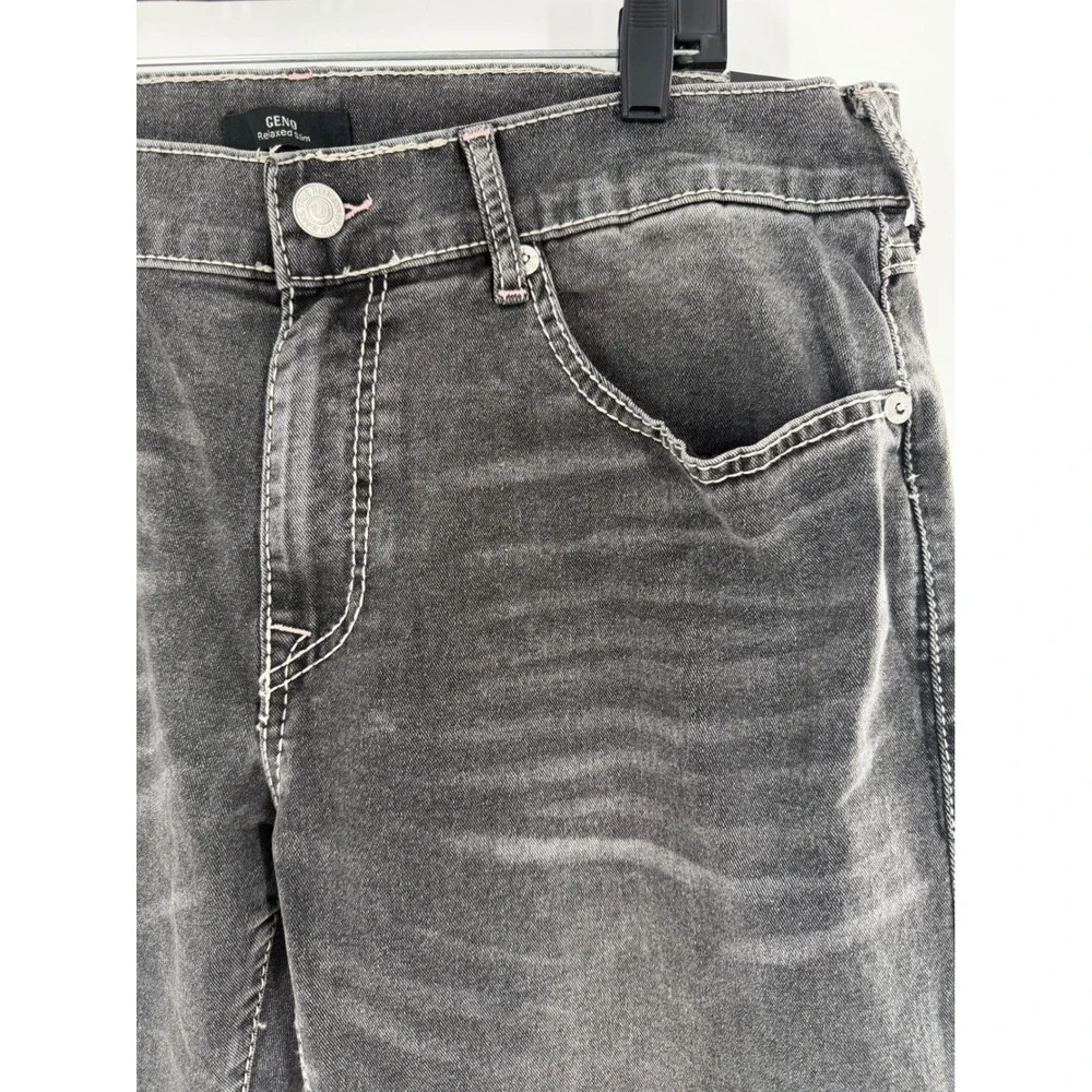 True Religion Geno Relaxed Slim Jeans Grey Phantom Wash Big T Pink Stitch 36
